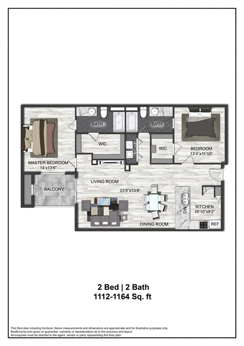 Floor plan for 2 beds, 2 baths, 1164 sqft
